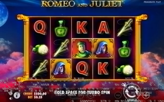 Das Bild zeigt den Startbildschirm des Romeo and Juliet Slot mit 3 Walzen und 5 Reihen. Zu sehen ist das Rosen Symbol und einige mehr. 