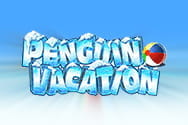 Portada de la slot Penguin Vacation con el padre pingüino pescando, el niño, correteando, y la madre, saludando a la cámara.